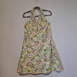 Newport News Y2K Floral Halter Dress Womens 16 Cotton Boho Cottagecore